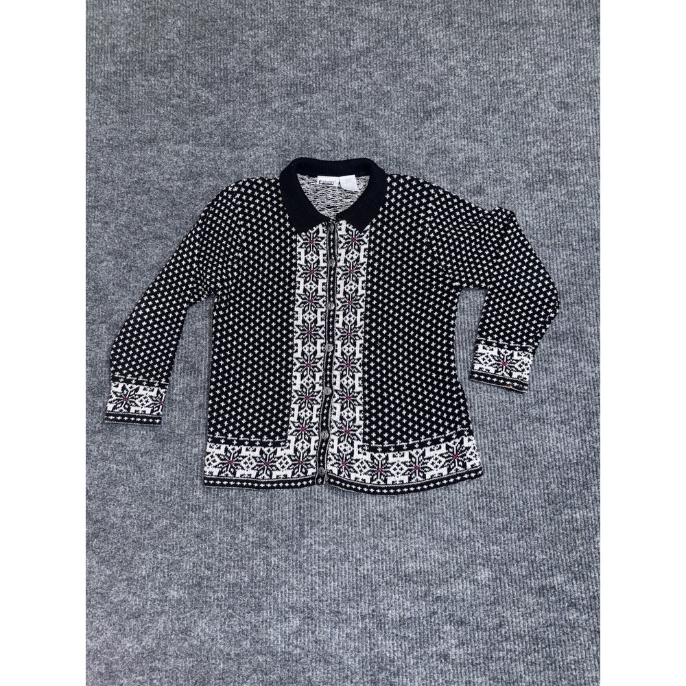 Y2K Capacity Fair Isle Collared Button Cardigan Sweater Black White Red M‎